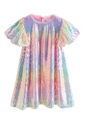 Robe pour filles à manches courtes, coupe trapèze, ornée de sequins multicolores irisés, avec un col rond et une fermeture boutonnée dans le dos.
