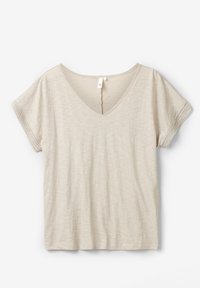 Beige short-sleeve T-shirt with V-neck and crochet lace trim on sleeves, made from lightweight textured fabric.