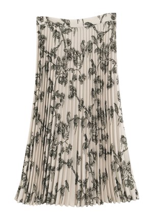 Gonna plissettata in tessuto beige chiaro con un motivo floreale e di uccelli neri. Il design include pieghe verticali per aggiungere texture e volume.