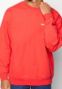 Roter Pullover mit langen Ärmeln, Rundhalsausschnitt und kleinem weißen Levi's-Logo auf der Brust. Hergestellt aus weichem, strukturiertem Stoff.