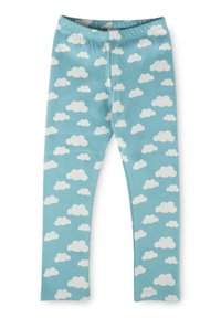 Light blue children's leggings with an all-over pattern of white clouds in various sizes.