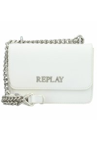 Borsa a tracolla in faux leather bianca con tracolla in catena argentata, chiusura a pattina e logo "REPLAY" in rilievo sulla parte anteriore. Design compatto.