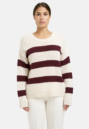 Cremfarbener Pullover mit tiefburgunderfarbenen Streifen. Gestrickte Textur, gerippter Saum und weite Ärmel. Weicher, lässiger Schnitt für Komfort.