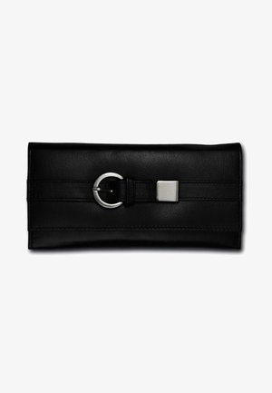Black leather wallet with a smooth texture, featuring a circular silver buckle and a rectangular silver clasp. Simple stitched design.