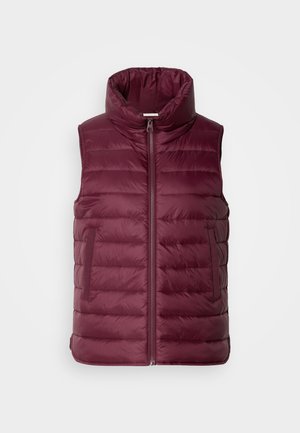 Gilet imbottito senza maniche in Borgogna con colletto alto, zip frontale e due tasche laterali, mostrato su sfondo grigio chiaro.