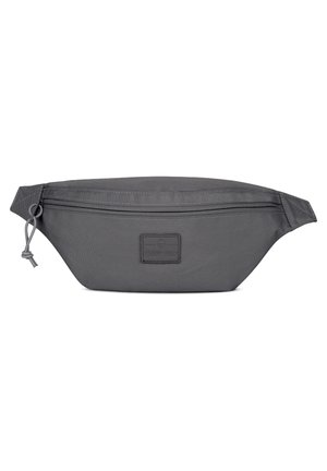 Sacoche de taille en tissu gris foncé avec une poche avant zippée et une sangle réglable avec une boucle latérale.
