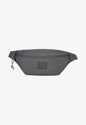 Dunkelgraue Stoff-Gürteltasche mit vorderer Reißverschlusstasche und einem verstellbaren Riemen mit Seitenschnalle.