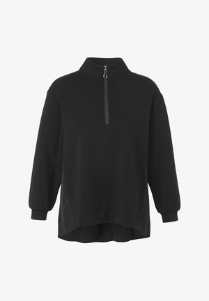 Zwarte pullover sweatshirt met een hoge kraag, halve ritssluiting, lange pofmouwen en een iets langere achterzoom. Zachte, gestructureerde stof.