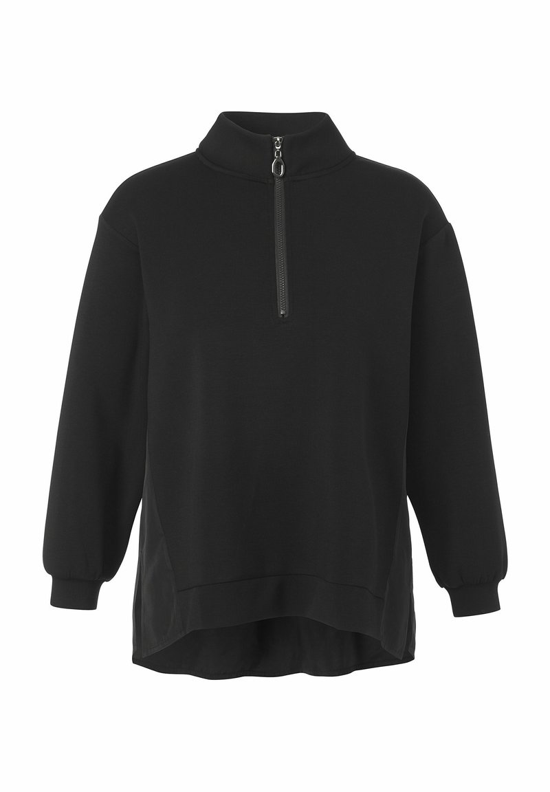 Zwarte pullover sweatshirt met een hoge kraag, halve ritssluiting, lange pofmouwen en een iets langere achterzoom. Zachte, gestructureerde stof.