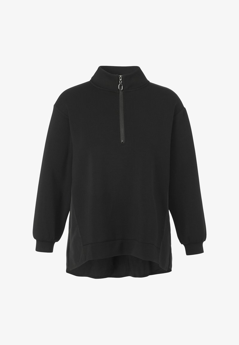 Zwarte pullover sweatshirt met een hoge kraag, halve ritssluiting, lange pofmouwen en een iets langere achterzoom. Zachte, gestructureerde stof.
