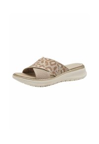 Beige slid sandal med en leopardmönstrad ovandel, texturerat tyg och en flexibel sula. Har överlappande remmar för en snug passform.