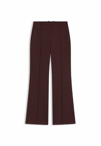 Pantaloni a gamba larga bordeaux con una texture di tessuto liscia, dotati di due tasche frontali, una tasca posteriore e una semplice cucitura decorativa.