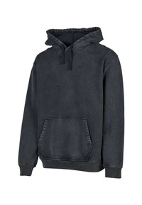 Dark gray hoodie made from soft fabric featuring a drawstring hood, front kangaroo pocket, ribbed cuffs, and a subtle logo.