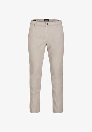 Pantalons pour homme slim fit beige clair avec bouton et fermeture éclair à l'avant, passants de ceinture et poches latérales, présentés sur un fond blanc.