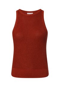Bezrękawnik dzianinowy w kolorze rdzy, z okrągłym dekoltem, prążkowaną fakturą i dopasowanym krojem z prostym dołem.