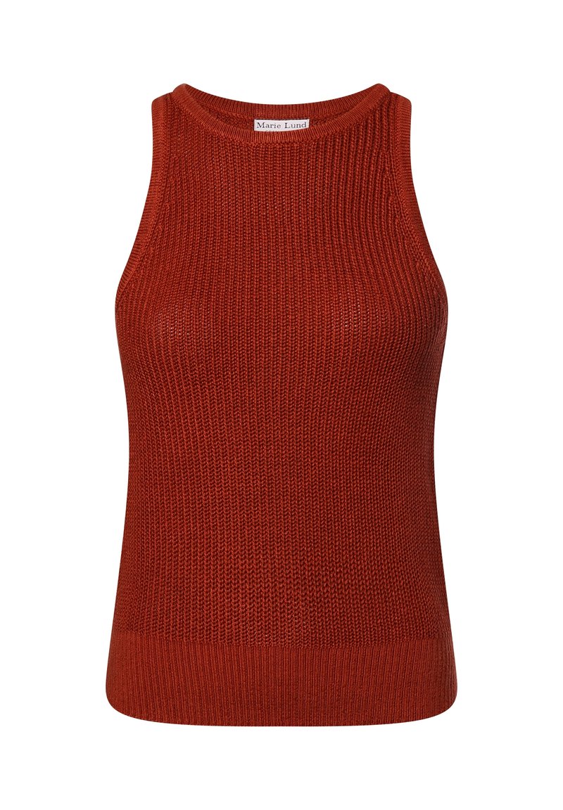 Bezrękawnik dzianinowy w kolorze rdzy, z okrągłym dekoltem, prążkowaną fakturą i dopasowanym krojem z prostym dołem.