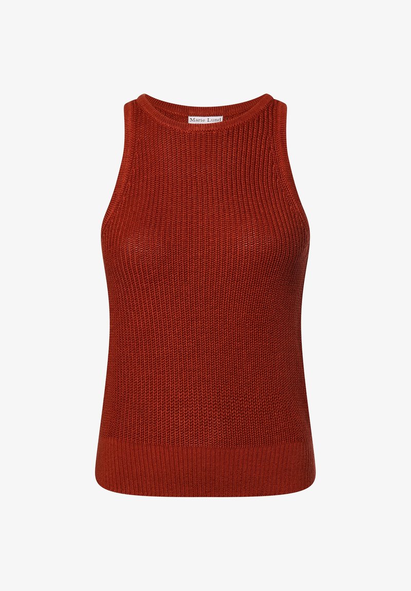 Bezrękawnik dzianinowy w kolorze rdzy, z okrągłym dekoltem, prążkowaną fakturą i dopasowanym krojem z prostym dołem.