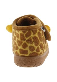 Ciabatta di peluche per bambini con motivo a giraffa gialla e marrone, orecchie in tessuto morbido e suola marrone testurizzata, vista dal retro.