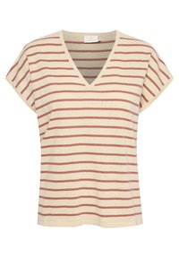 Stribet V-hals t-shirt i crème med vandrette bordeaux striber. Korte ærmer, afslappet pasform, blød stofstruktur, etiket synlig ved halsudskæringen.