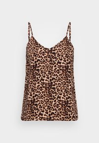 Leopardmönstrad cami-top med V-ringad hals, tunna axelremmar och knappar framtill. Mjuk tyg med en slät yta.