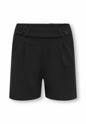 Black tailored shorts with a high waist, elastic back, and two decorative buttons on the waistband.
