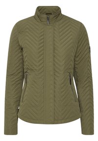 Veste matelassée olive avec un col haut, présentant un motif en chevron, deux poches latérales zippées et une texture lisse.