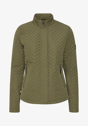 Olíva zöld steppelt dzseki magas gallérral, chevron mintázattal, két cipzáras oldalzsebbel és sima textúrával.