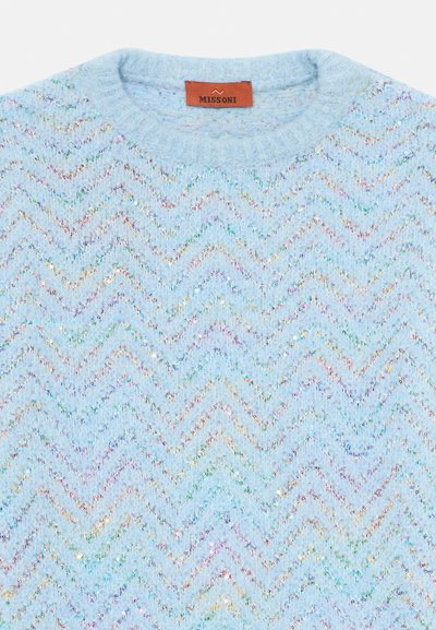 Šviesiai mėlynas megztinis su daugiakampėmis blizgiomis pailgintomis sequinai įvairiomis spalvomis ir raukšlėtu apykakle, su rudą etiketė "Missoni".