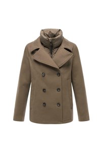 Brun ull peacoat med dubbelknäppt design, stor krage och zip-försedd innerfoder. Har svarta knappar och sidofickor.