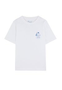 Weißes Baumwoll-T-Shirt mit kurzen Ärmeln, das ein blaues Grafikdesign eines Bechers mit Eiscreme und dem Text "SCALPERS CREAM" im Bereich der Brusttasche zeigt.
