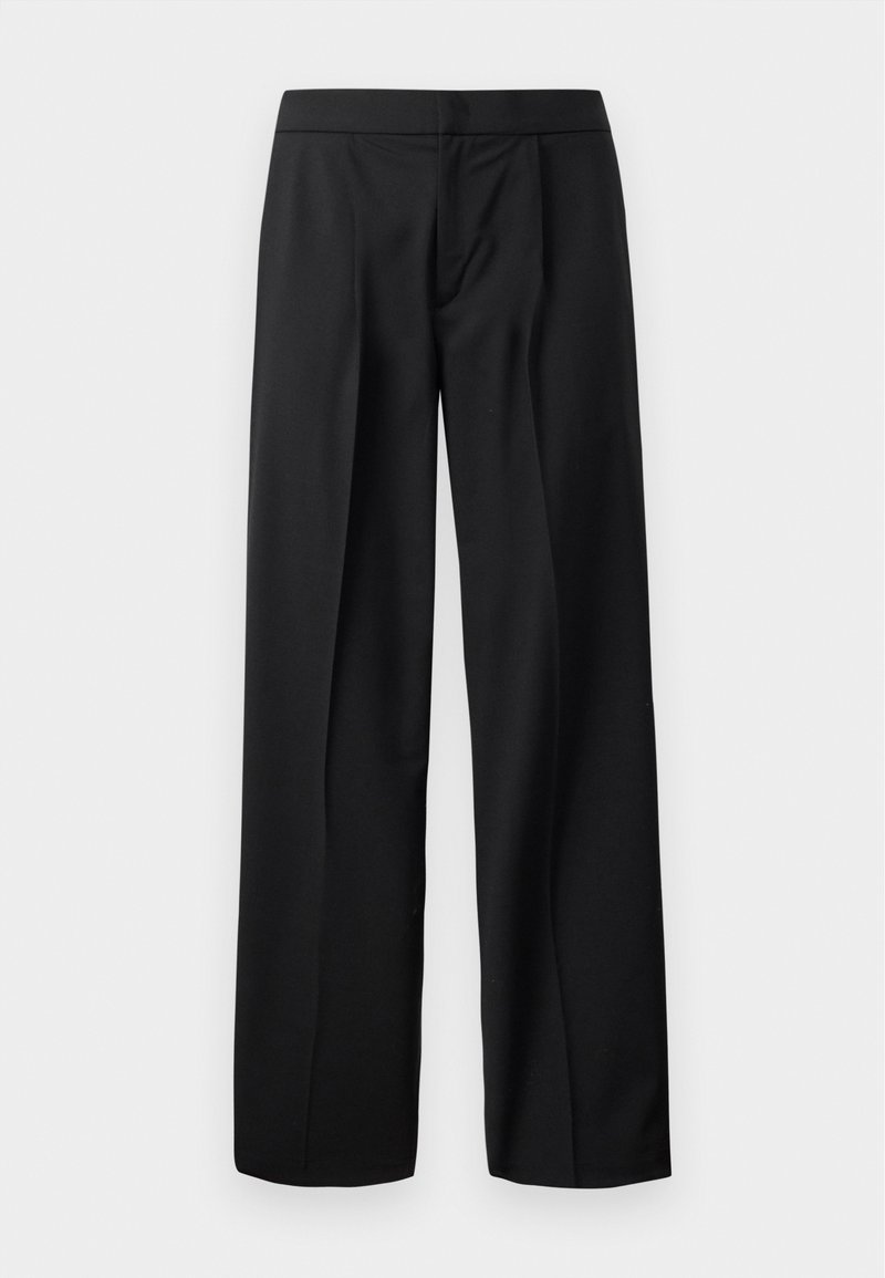 Black wide-leg trousers made of smooth fabric, featuring a flat front, pleats, and a clean waistband with no visible hardware or embellishments.