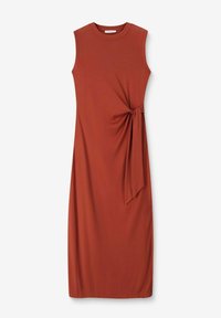 Robe sans manches de couleur rouille, au design ajusté, avec un détail de nœud sur le côté et une texture lisse. Fabriquée en tissu doux.