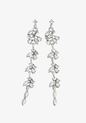 Lange silberne Ohrringe mit Clustern aus klaren Marquise- und runden Edelsteinen, angeordnet in einem floralen und kaskadierenden Design.