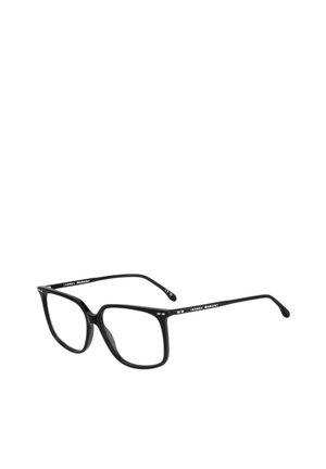 Occhiali oversized neri con montatura in plastica spessa, forma rettangolare e sottili dettagli a punto sulle astine. Lenti trasparenti.
