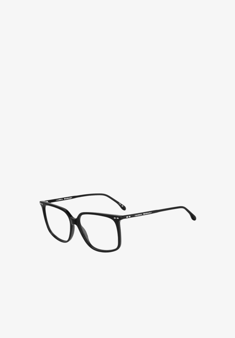 Occhiali oversized neri con montatura in plastica spessa, forma rettangolare e sottili dettagli a punto sulle astine. Lenti trasparenti.