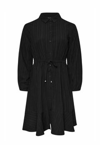 Abito camicia nero con apertura a bottoni sul davanti, texture plissettata, maniche lunghe e vita segnato da una cintura. Orlo leggermente svasato all'altezza del ginocchio.