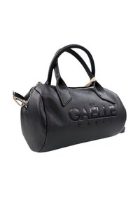 Borsa a tracolla in pelle nera con texture, due manici, zip argento e "GAËLLE PARIS" impresso sul davanti.