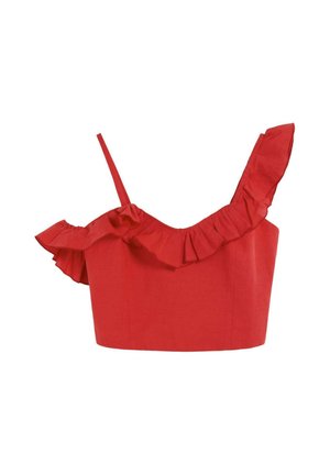 Top corto rojo con una tira fina y una ancha con volantes, con un detalle de volante a lo largo del escote.