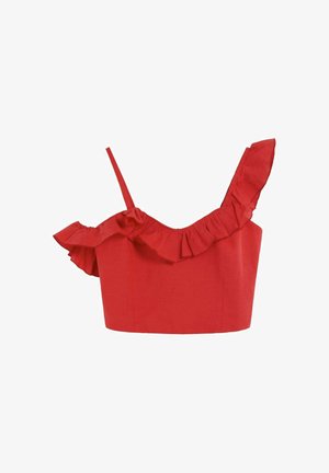 Top court rouge avec une bretelle fine et une large bretelle à volants, avec un détail volants le long de l'encolure.