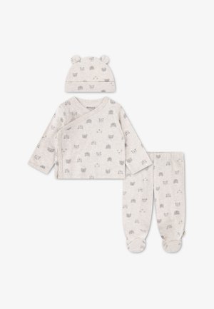 Gray cotton baby outfit featuring long-sleeve wrap shirt, pants, and hat, all with animal print and ear accents on the hat.