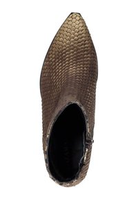 Puntige enkellaars met een bruine gestructureerde schubachtige patroon en een zijrits, van bovenaf bekeken tegen een witte achtergrond.
