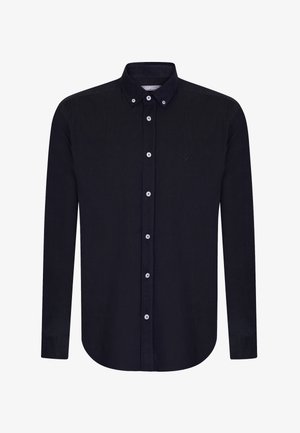 Mørkeblå kordfløjls skjorte med knappet ned-krave, lange ærmer, hvide knapper og et lille logo på venstre bryst.