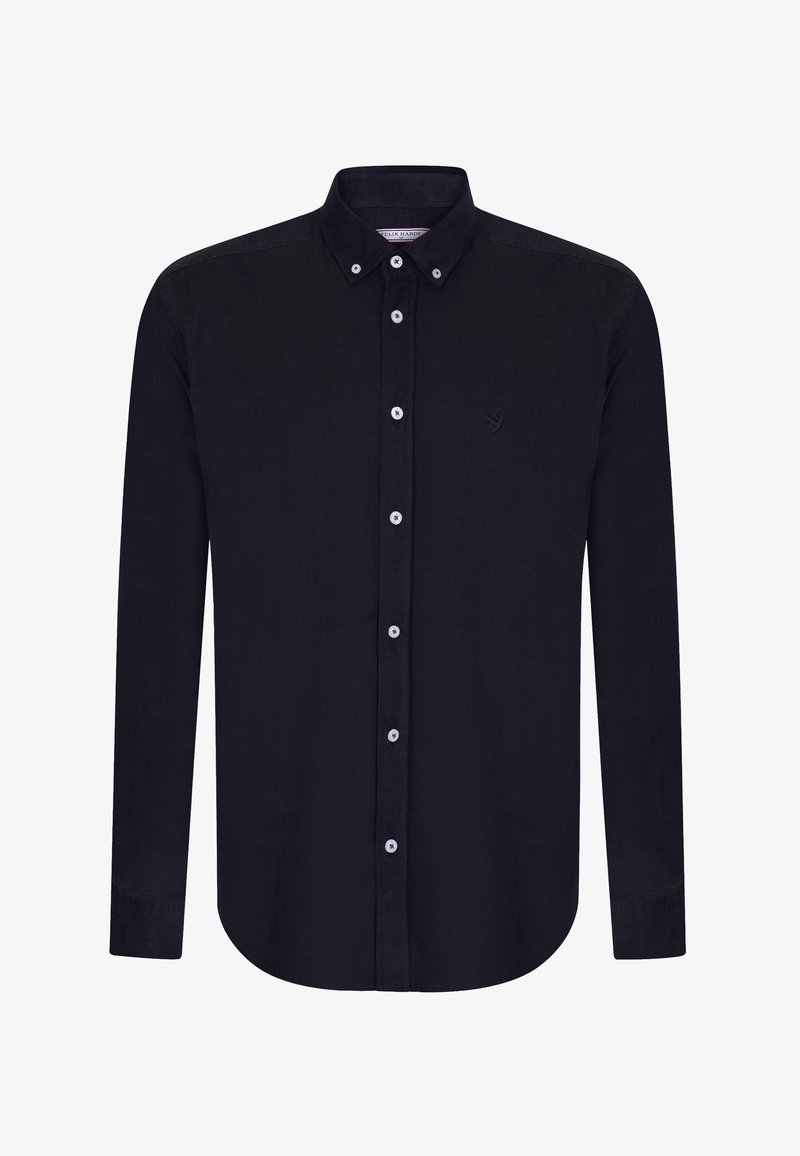 Camicia in velluto a coste blu scuro con collo button-down, maniche lunghe, bottoni bianchi e un piccolo logo sul petto a sinistra.