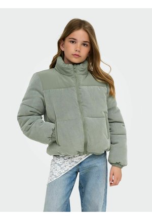 Jeune personne portant une veste matelassée vert clair et un jean bleu, debout avec une main dans la poche devant un fond uni.
