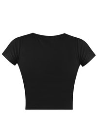 Schwarzes, kurzes T-Shirt mit kurzen Ärmeln, aus glattem Stoff gefertigt. Verfügt über einen runden Ausschnitt und ein tailliertes Design.