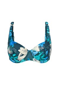 Floral underwire bra in shades of teal and white, featuring adjustable straps and a smooth fabric texture with a vibrant pattern.