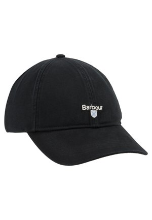 Zwarte honkbalpet van katoen met geborduurd "Barbour" logo en schild. Heeft een gebogen vizier en een zespanelen ontwerp.