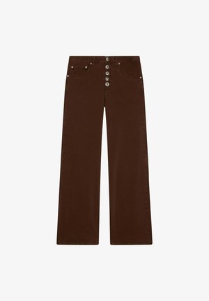 Bruine wijde broek met een hoge taille, voorzien van een knoopsluiting en vijf zakken. Het materiaal is stevig met een gladde textuur.