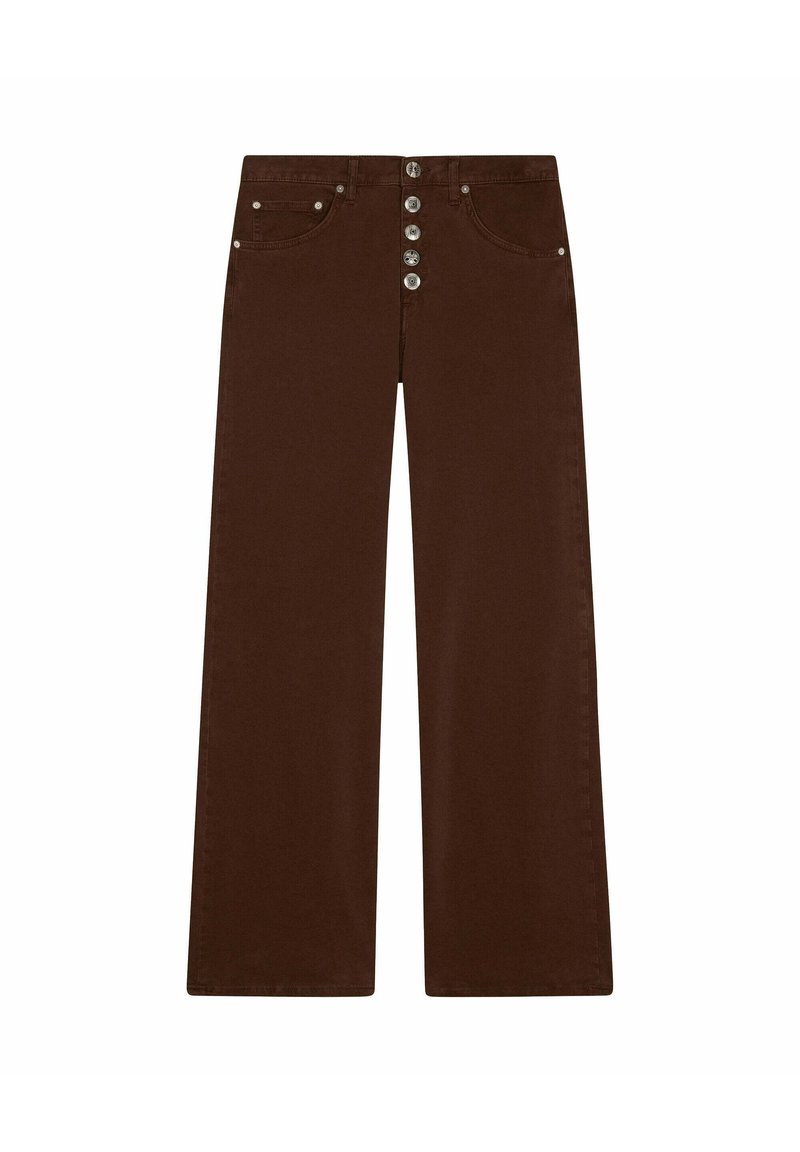 Bruine wijde broek met een hoge taille, voorzien van een knoopsluiting en vijf zakken. Het materiaal is stevig met een gladde textuur.