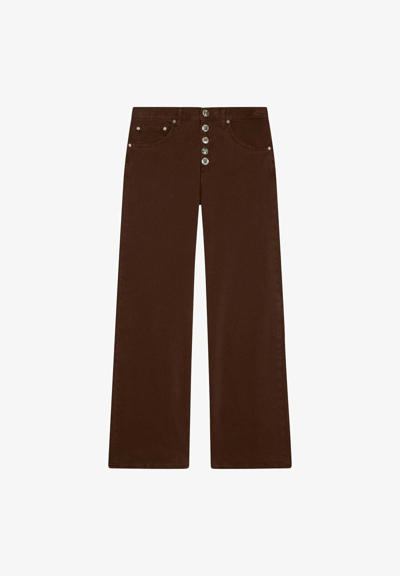 Bruine wijde broek met een hoge taille, voorzien van een knoopsluiting en vijf zakken. Het materiaal is stevig met een gladde textuur.